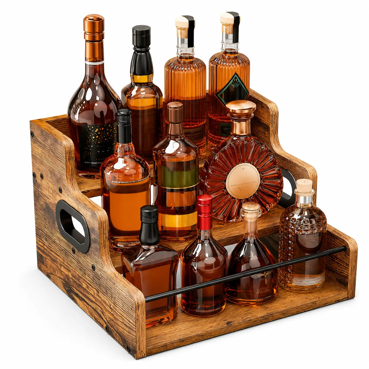3&4 Tier Wooden Wine Rack With Handle Freestanding Liquor Storage Countertop Shelf Farmhouse Style Whiskey Spirits Display Organizer for Home Bar Kitchen Dining Room Cabinet Decor