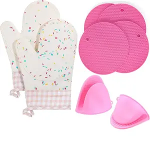 Silicone Oven Mitts Set, 8 Counts/set Including 2 Oven Mitts & 2 Pot Holders & 4 Round Mats, Cute Heat Resistant Baking Oven Gloves, Bakeware Kitchenware Accessories