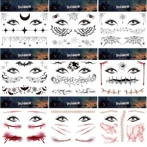 9 Sheets Halloween Face Temporary Tattoos for Women Men, Spider Bat Horror Fake Tattoo Stickers, Halloween Party Favors Supplies