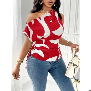 One Blouse Ruched Printed SOLERSUN Geometric Asymmetrical Shoulder Drawstring Side Random Print For New Year Clothes Top