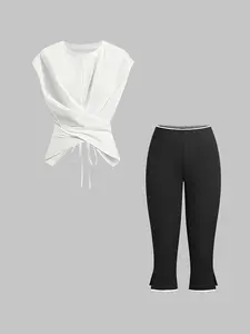 2-Piece Fashion Casual Tie-Back Sleeveless T-Shirt Set, Floral Hem Waist & Leg Seven-Eighths Pants, Trendy Tight-Fit
