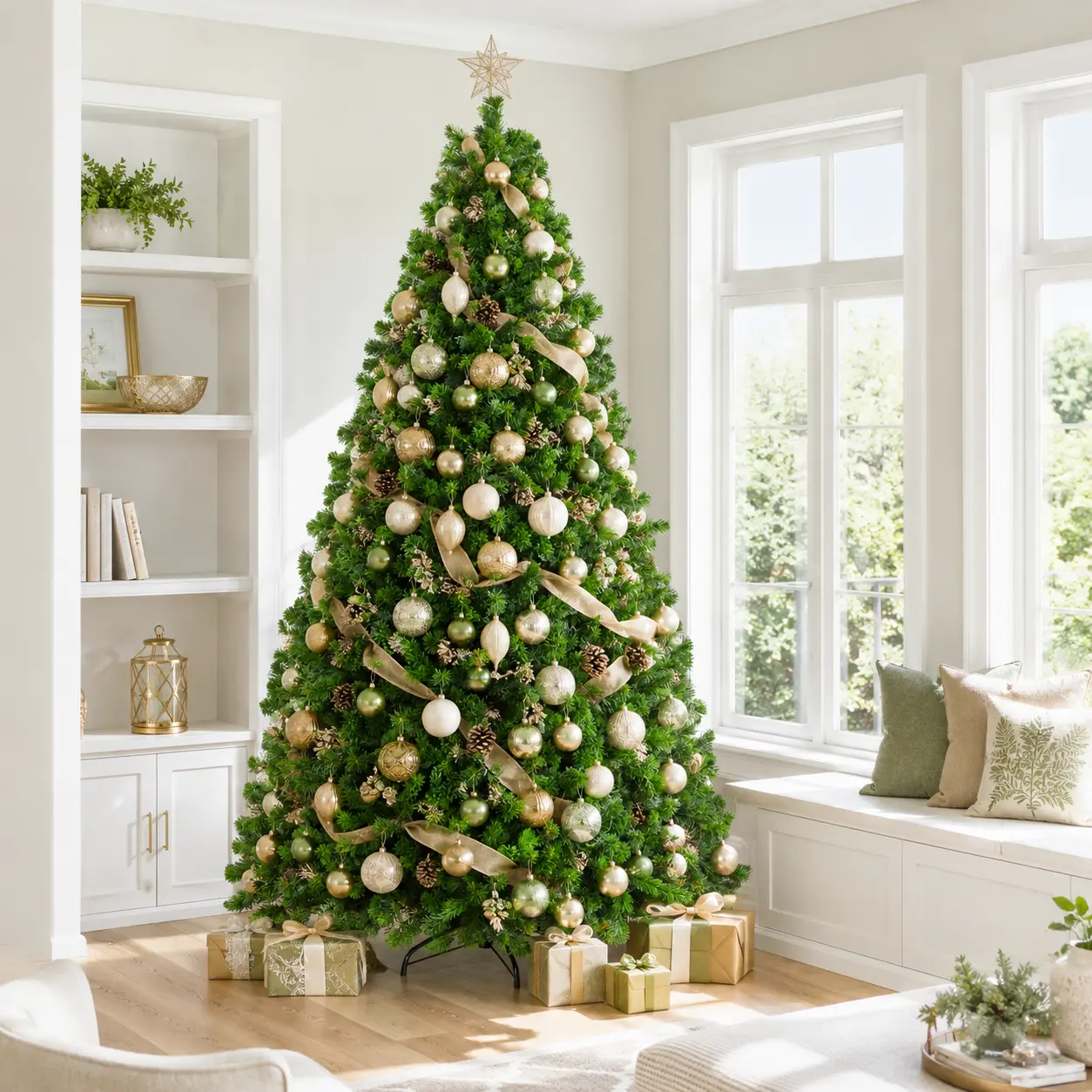 Costoffs Pre-lit Flocked Artificial Christmas Tree 4.5/6/7.5/9FT with Warm White Lights, Hinged Holiday Decorative Tree for Living Room Apartment