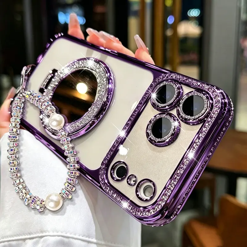Elegant Phone Case with Hand Chain & Folding Mirror Stand for iPhone 12/13/14/15/16/17 Pro Max,17Air,14/15/16 Plus – Decorated Frame & Lens Rim, Shockproof & Stylish Wrist Strap Holder for Everyday Use