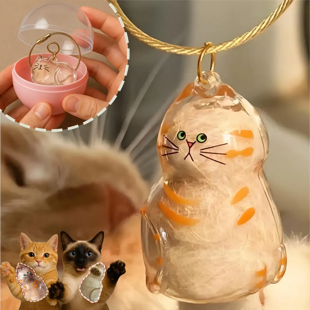 Cat Fur Keepsake Keychain, Transparent Cat Charm for Shed Fur, Mini Pet Fur Collector Pendant, Sentimental Cat Memorial Gift for Cat Parents.
