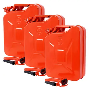 Red 20L (5 Gal) Portable Steel Plate Jerry Can, 3-Piece Tank with Flexible Spout, Leakproof Lock, Welded Seals for Quick Refill, Backup Fuel for Gasoline-Powered Cars, Trucks