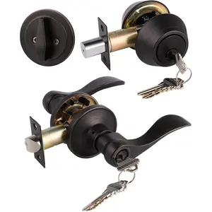 Front/Exterior Door Lever Lockset with Single Cylinder Deadbolt, 1 Pack Keyed Alike Oil Rubbed Bronze Combination Handle Set, Entry Door Lockset with Deadbolt