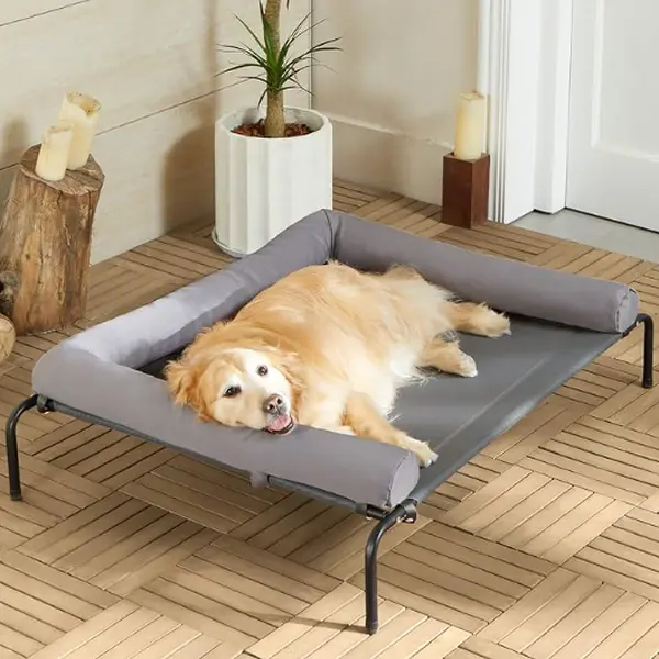 Cooling Elevated Dog Bed for Large Dogs-Waterproof Elevated Dog Bed with Ramp Headrest, Breathable Teslin Net, Durable & Portable Pet Bed House for Indoor and Outdoor Use, Gray