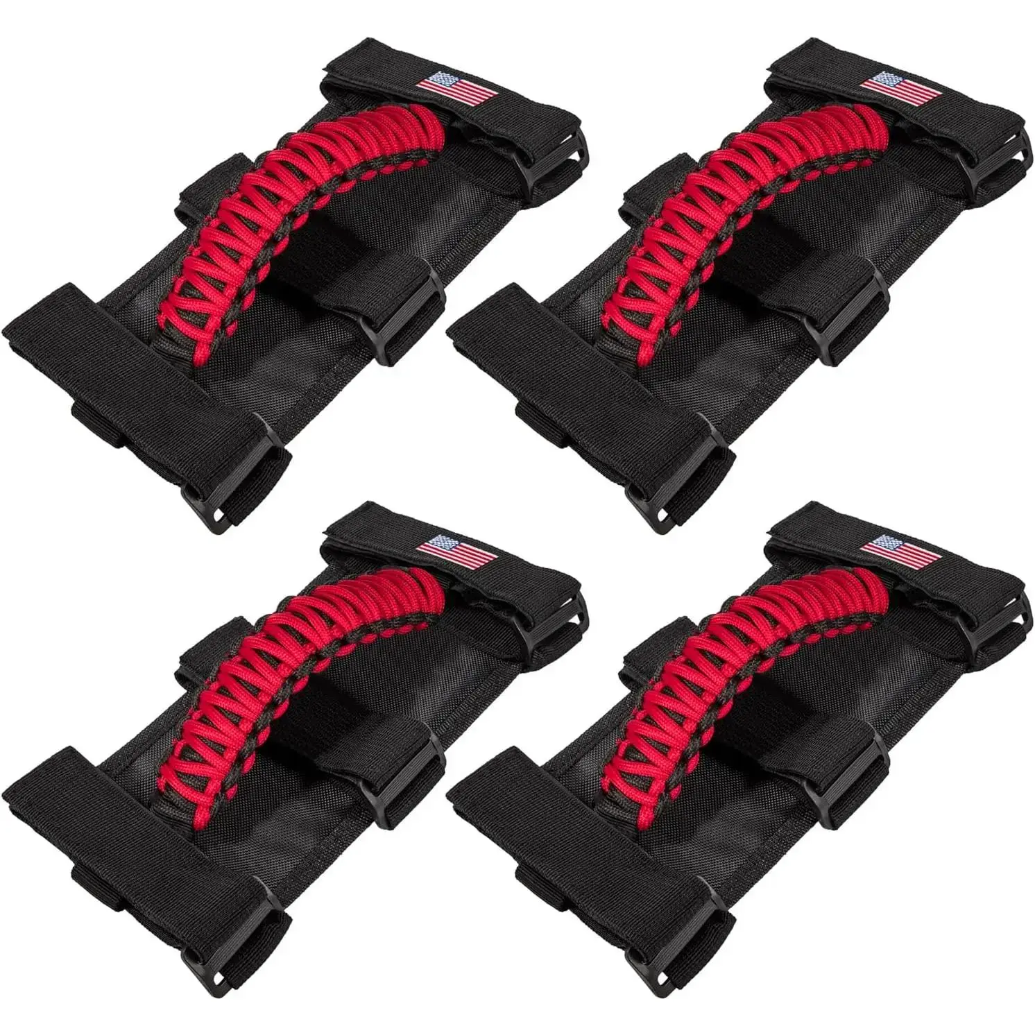 4 Pcs US Flag Heavy Duty Anti-Slip Roll Bar Grab Handles, Premium Paracord Interior Accessories for 1955-2023 Jeep Wrangler JK JKU JL JLU TJ LJ YJ CJ Sport Sahara Freedom Rubicon Unlimited & Gladiator JT, UTV ATV, Hunting, Adjustable Strap, Jk/Jl/Tj/Yj/Cj