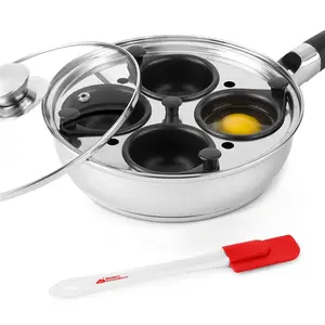 Modern Innovations Stainless Steel Egg Poacher Pan Set with 4 Nonstick Egg Poacher Insert Cups, Silicone Handle, Glass Lid and Removable Tray for Multi-use Frying Pan. BPA Free– Bonus Mini Spatula