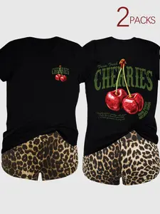 2-Pack Value Bundle, Matching Short-Sleeve Tees & High-Waisted Leopard Print Shorts, Loose Fit, Summer Vibes, Casual At-Home
