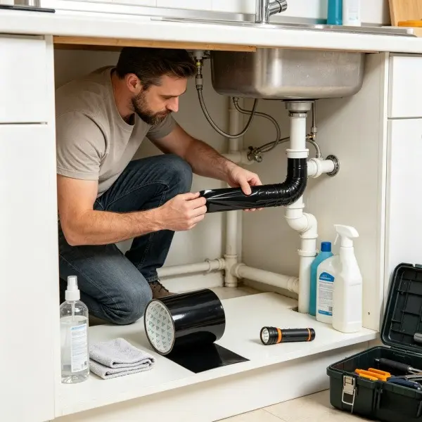 Homeowner applying waterproof repair tape underneath a kitchen sink