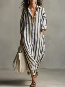 2026 European and American Independent Cross-border Fashion Loose V-neck Long Striped Summer Nine-quarter Sleeve Women's Shirt Dress
