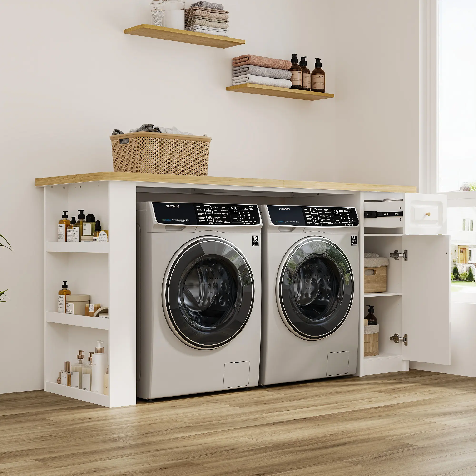 FUFU&GAGA 83" Laundry Room Storage Cabinet with Countertop, White Washing Machine Stand with Shelves & Drawer