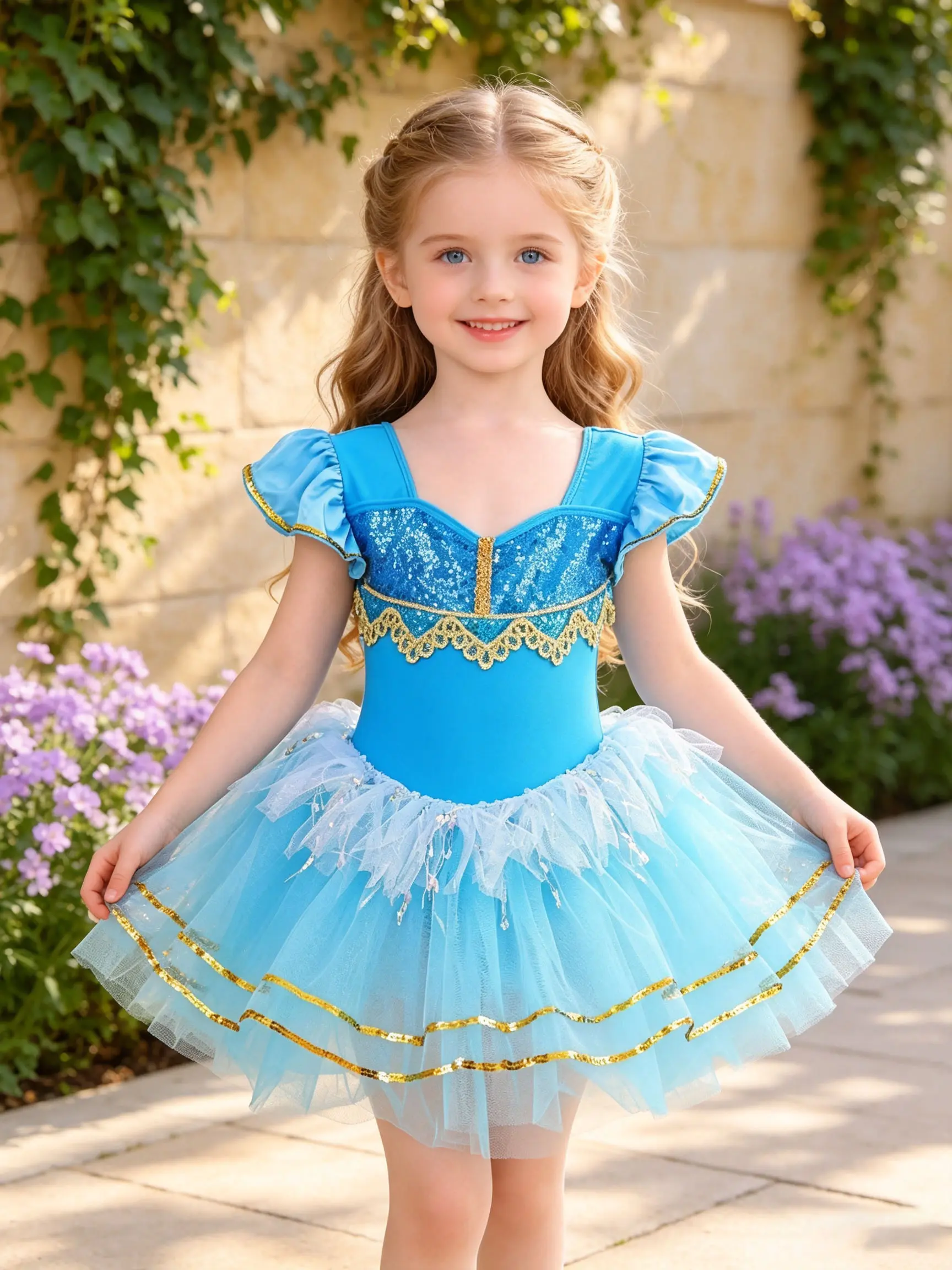 Girls Light Blue Sequin Princess Ballet Tutu Leotard Dress Puff Cap Sleeves Gold Lace Trim Layered Tulle Ballerina Costume for Dance Recital Birthday Party Dress Up school gift