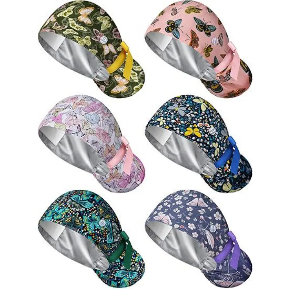 6Pcs Printed Cotton Satin Lined Ponytail Scrub Caps Set for Women, Adjustable Tie Back Nurse Surgical Hats with Mask Buttons, Hair Protect Bouffant Turbans, Multifunctional Shower Kitchen Oil Proof Work Head Covers