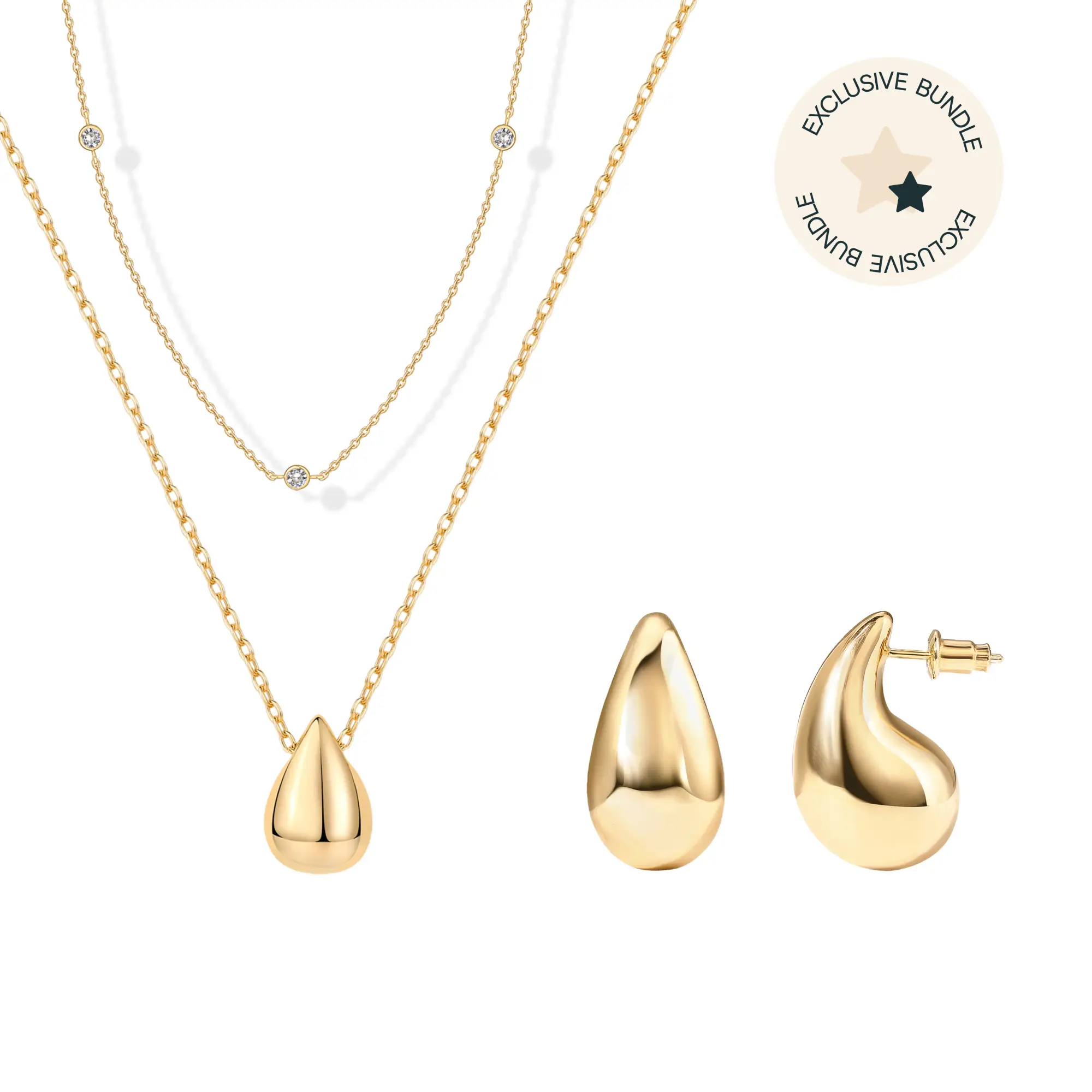 PAVOI 14K Yellow Gold Plated Teardrop Jewelry Set for Women - Statement Earrings, Pendant Necklace & Station Chain Necklace Pack - TikTok Set