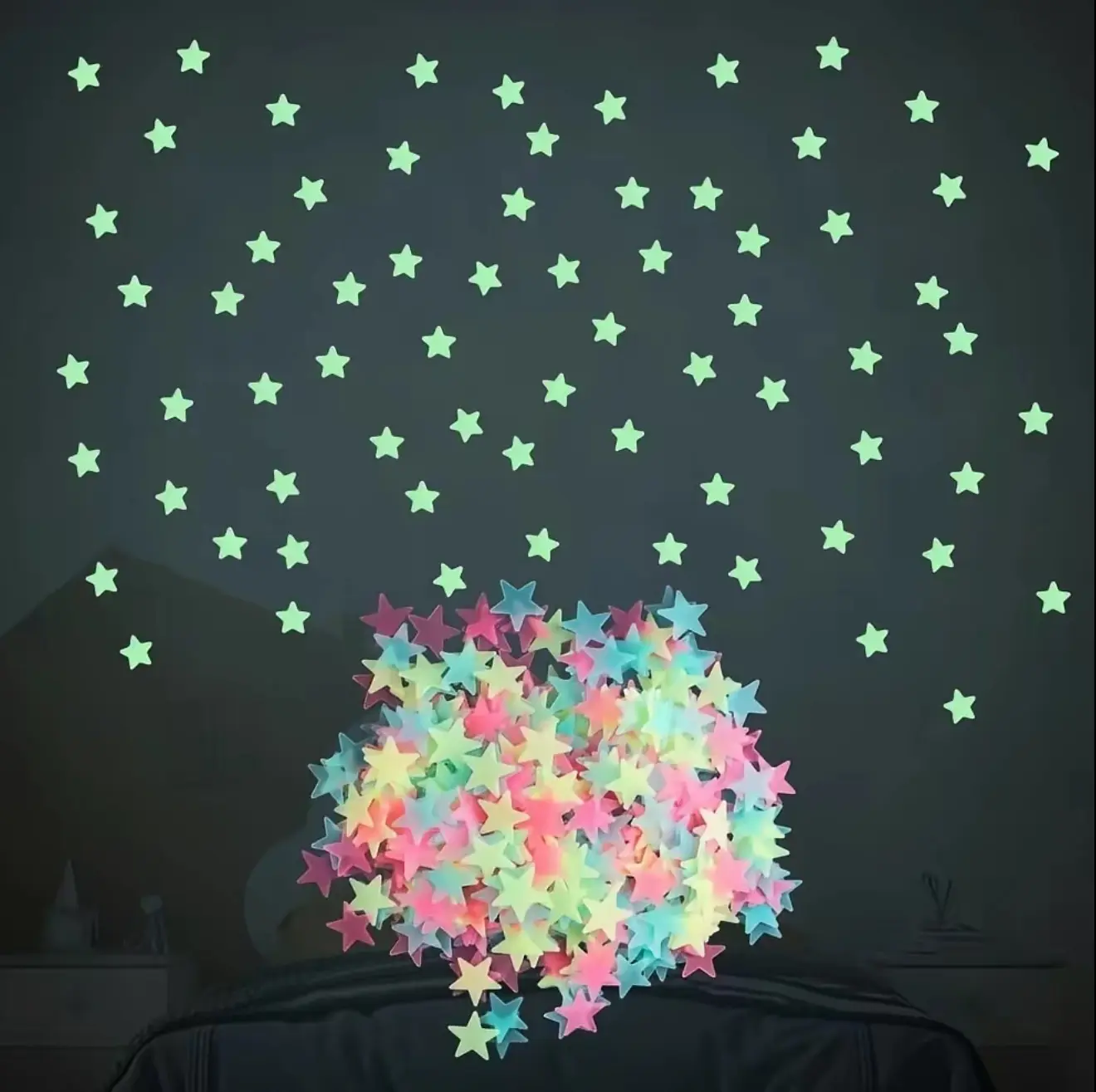 300PCS Mixed Color Glow-in-the-Dark 3D Plastic Decorative Wall Stickers, Luminous Stars for Kids’ Bedroom Ceiling, Home Decor Gift