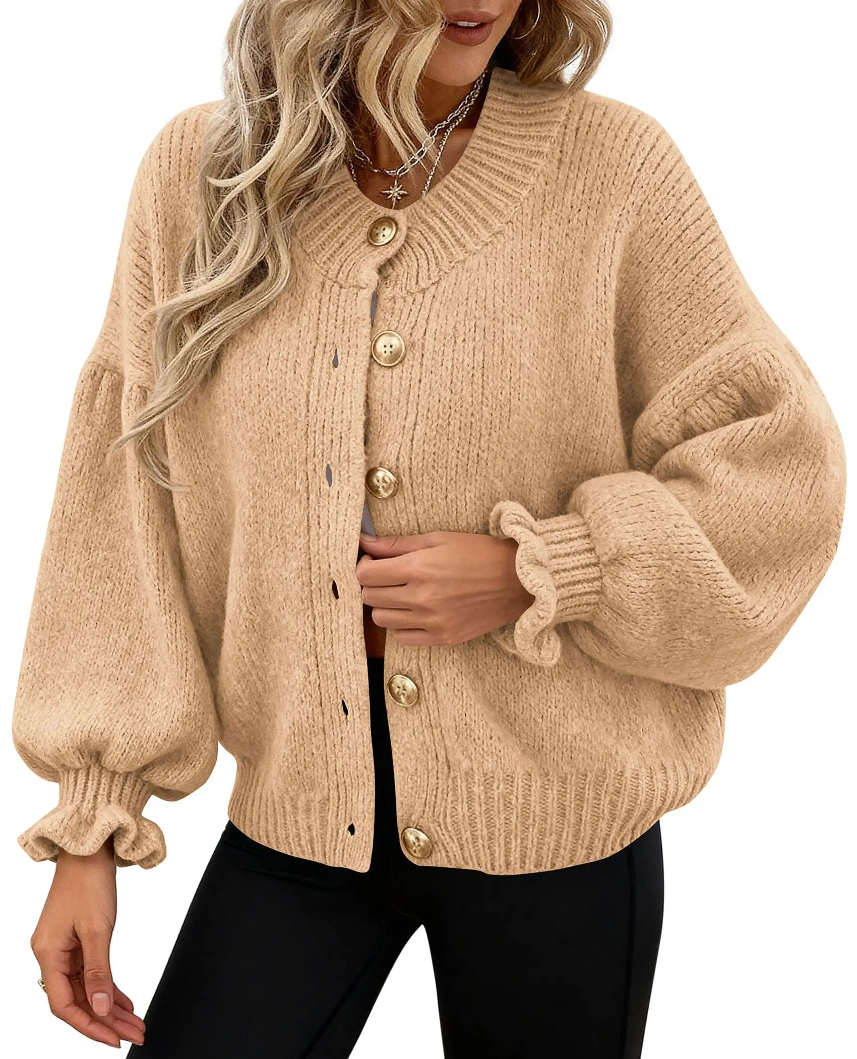 PRETTYGARDEN Womens Cropped Cardigans Trendy 2026 Ruffle Open Front Chunky Knit Sweater Oversized Button Down Fall Clothes