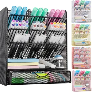 Metal Pen Organizer, Pencil Holder for Desk, Desk Organizer with Drawer for School, , Art Supplies (Black)