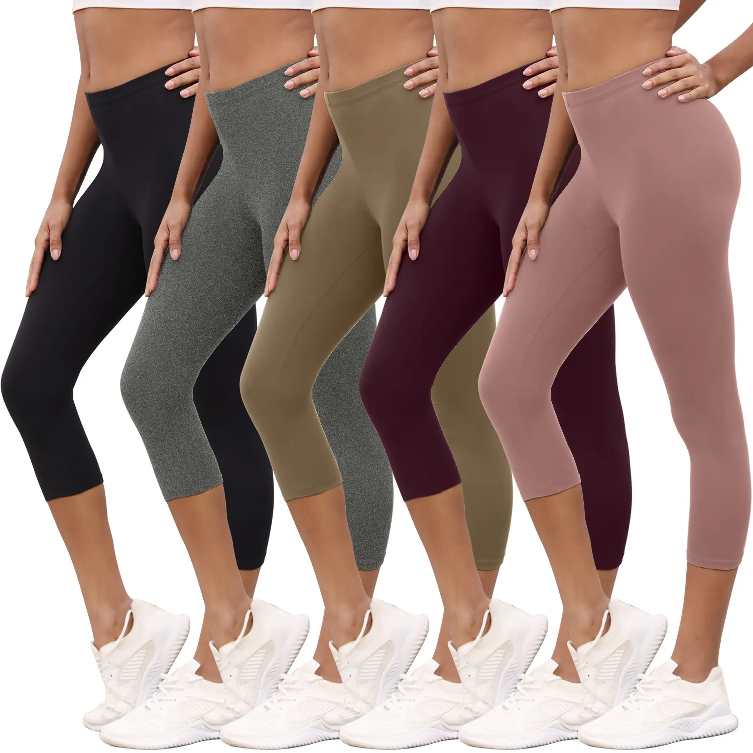 Women's 5-Pack Basic Capri Leggings - Super Soft, No-See-Through Cropped Athletic Bottoms for Yoga, Workout Activities, Capri Cut, Fit, Athleisure Wear, Minimalist, Sleek, Basic Look, Polyester Blend, High Stretch, Sporty Chic, Athletic Fit, Cropped Cut