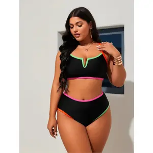 New European And American Women Sexy Fashion Deep V-neck High Waist Beach Resort Plus Size Bikini Set with Colorful Trim clothing tankini  tropical print Split boxer short bottom  triangle solid color tankini set gingham swimsuit short bikini bathing suit
