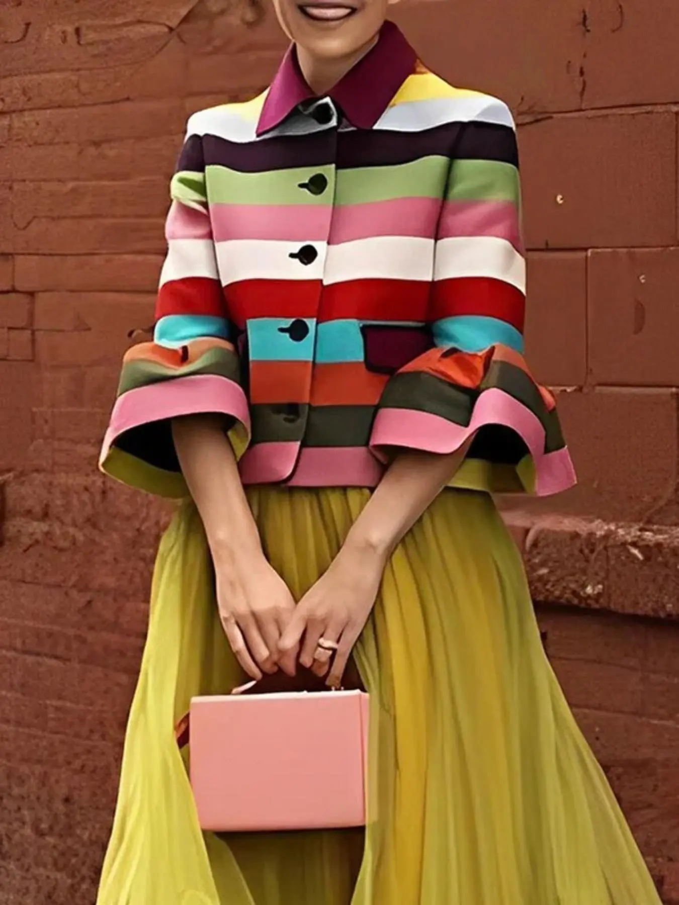 Women's Colorblock Striped Print Button Front Ruffle Trim Casual Fitted Jacket, Casual Flounce Sleeve Collared Outerwear for Fall & Winter, Ladies Clothes for Daily Wear, Casual Cute Outerwear
