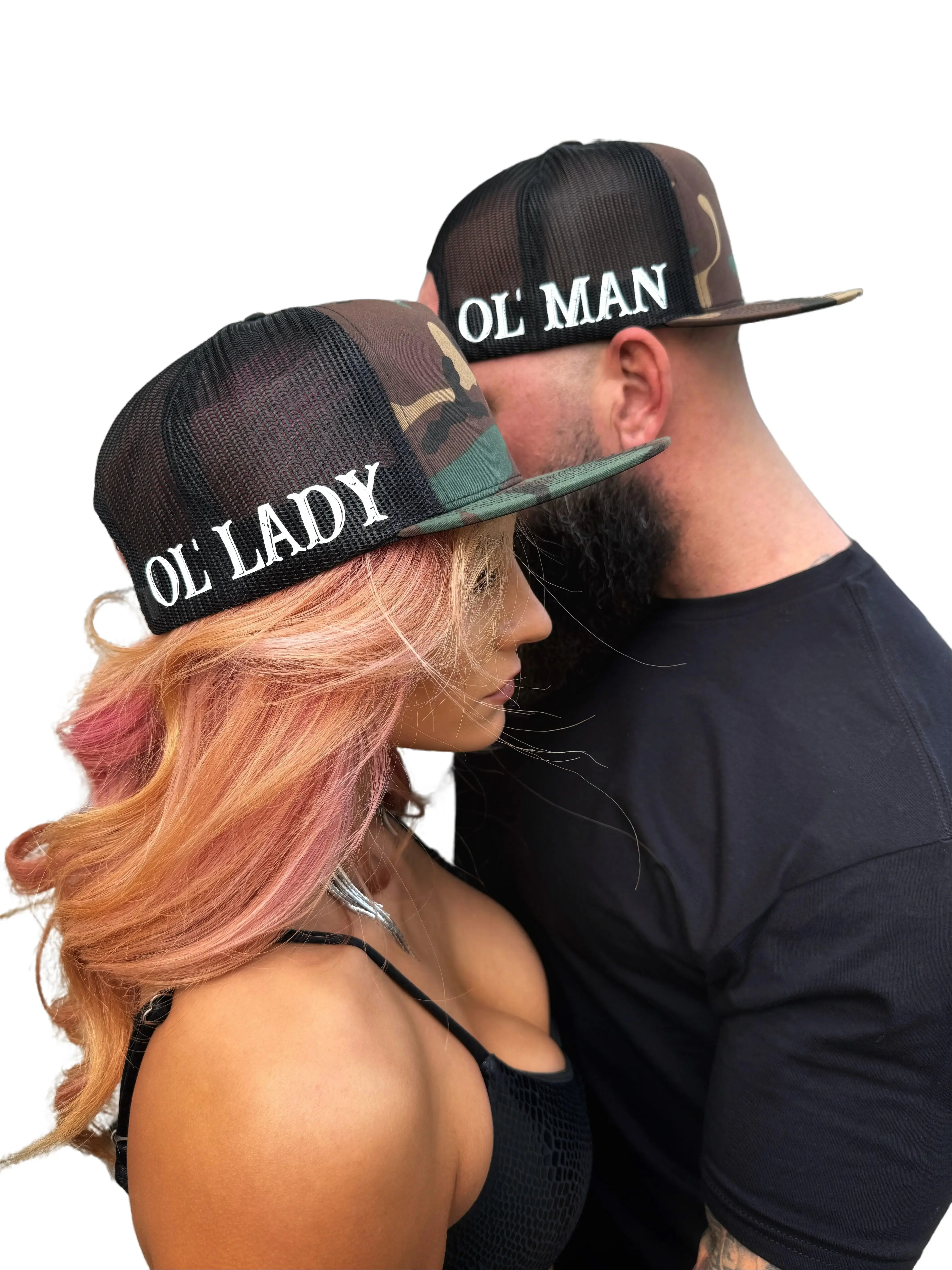 Thedriveclothing THE OUTLAW DUO SIDE STYLE Green Camo Trucker Hat - Flatbill Snapback Cap, Mesh Back, Rugged Casual Graphic Cap, Streetwear Accessory for Women, Camo Trucker Hats Option