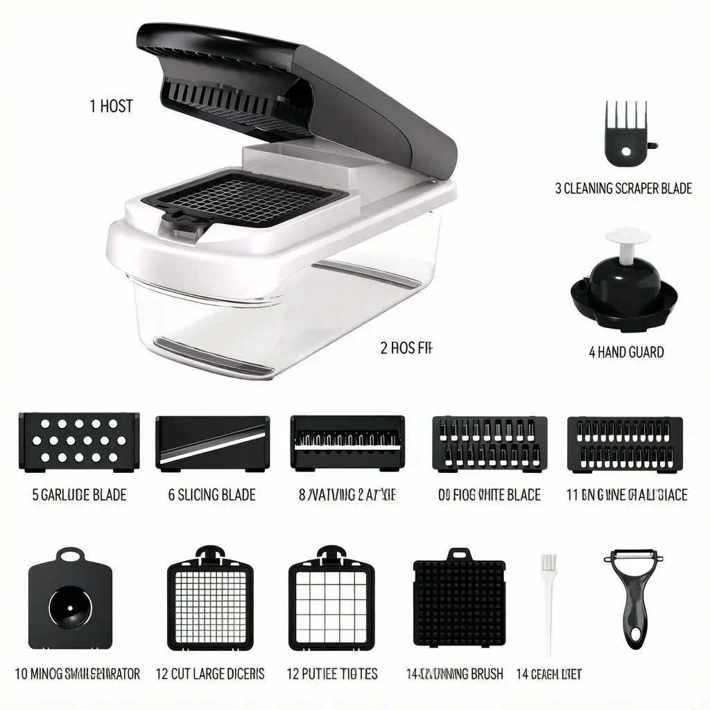 15-in-1 White Vegetable Cutting Machine - Kitchen Fixture Accessory with Storage Container, 15 Chopping Functions for Effortless Home Kitchen Prep, Thoughtful Essential Gift