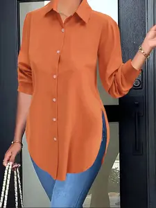 Women's Plain / All Over Print Button Front Shirt, Casual Long Sleeve Collared Top for Spring & Fall, Women's Clothes