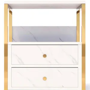 Elegant Faux Marble Nightstand, Bedside Table with Two Drawers and Open Storage Shelf, Sturdy Metal Base, End Table for Bedroom and Living Room, Modern and Stylish, White and Gold Drawer Storage