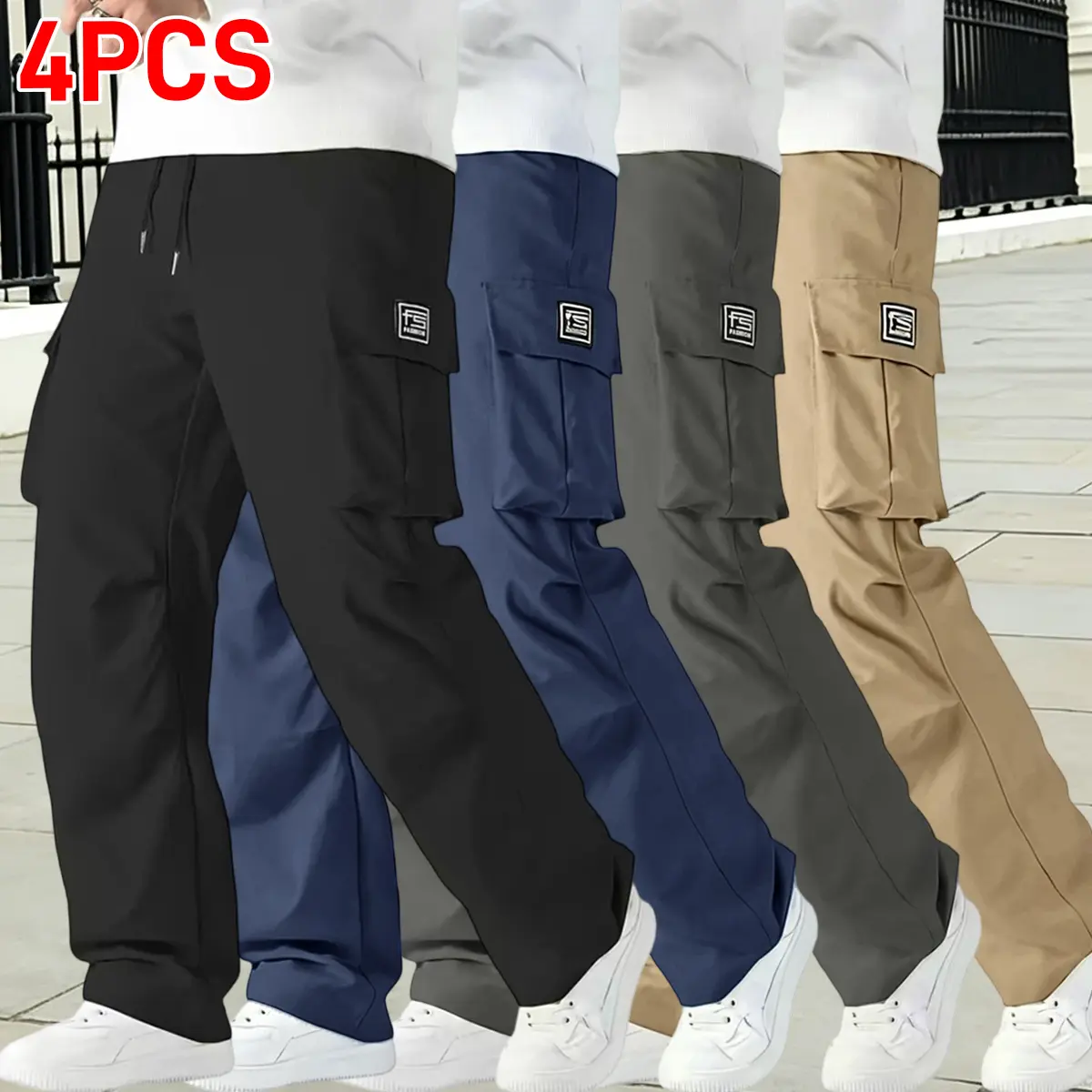 4-pack men’s long cargo pants with flap pockets on both sides and multiple pockets, suitable for outdoor activities, street sports, outings, and everyday commuting.