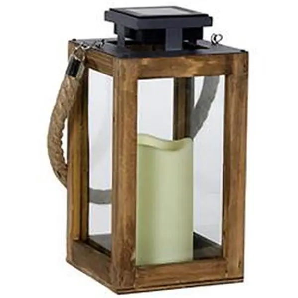 11 in. Wooden Solar-Powered Glass Lantern with Candle, Black & Brown Decor for Room Decor - Pack of 4