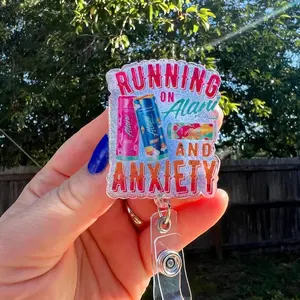 Running on Alani and anxiety. Funny glitter retractable badge reel or fridge magnet.teacher/student ID-medical badge-nurse-cute humor-card