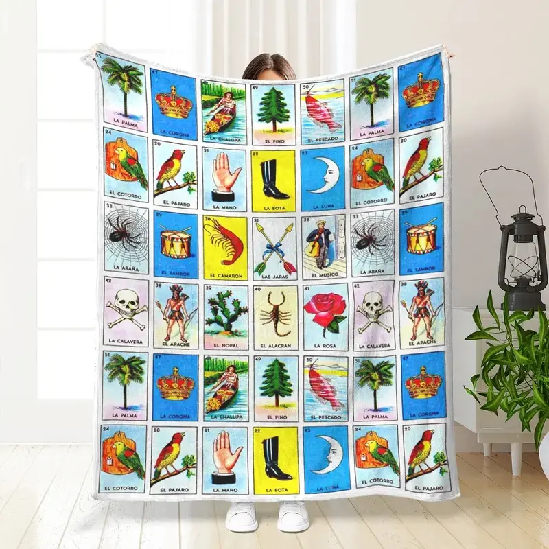 Mexican Loteria Figure Print Soft Fluffy Flannel Blanket - All Season Bedding Throw for Home & Office, Warm Nap Cover for Cool Spaces, All Season Blanket, Soft Fluffy Blanket