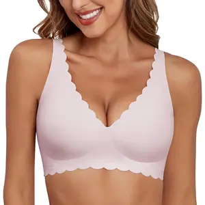Deep V Neck Wireless Bras for Women No Underwire Scalloped Seamless Bralettes Petal Wavy Womens Bras with Extender