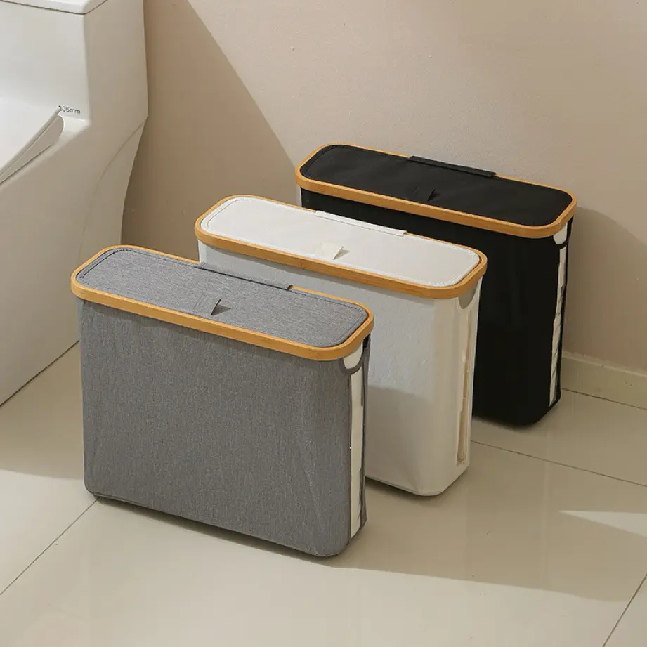 Space-Saving Collapsible Bathroom Storage Bin, Waterproof Fabric with Bamboo Rim & Lid, See-Through Panel for Easy Access