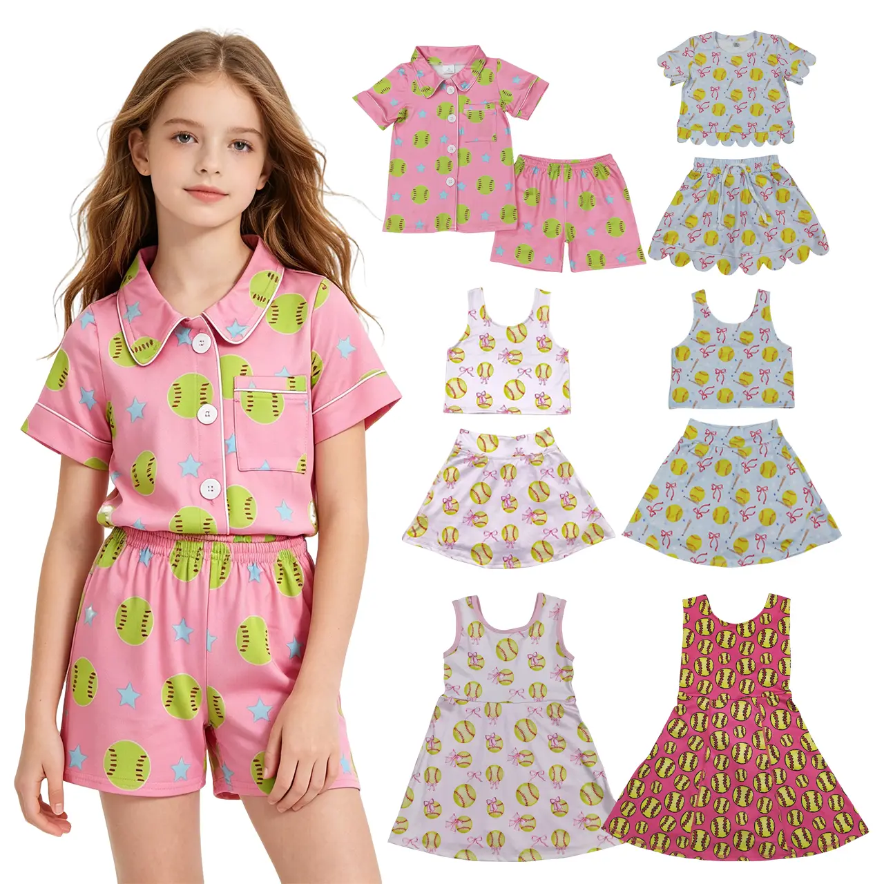 Girls' Soft Cotton PJs, 2-Piece Sleepwear Set with Softball Floral Print and Ruffled Shorts, Machine Safe, Ruffled Edge