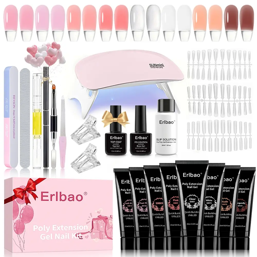 Erlbao Professional Organic Poly Gel Nail Kit - 8-Color Extension Set with UV Lamp, Beginner-Friendly for Women, Includes Brush, Glitter, Transferable Y2K Decor for Manicure & Nail Care Beauty Products