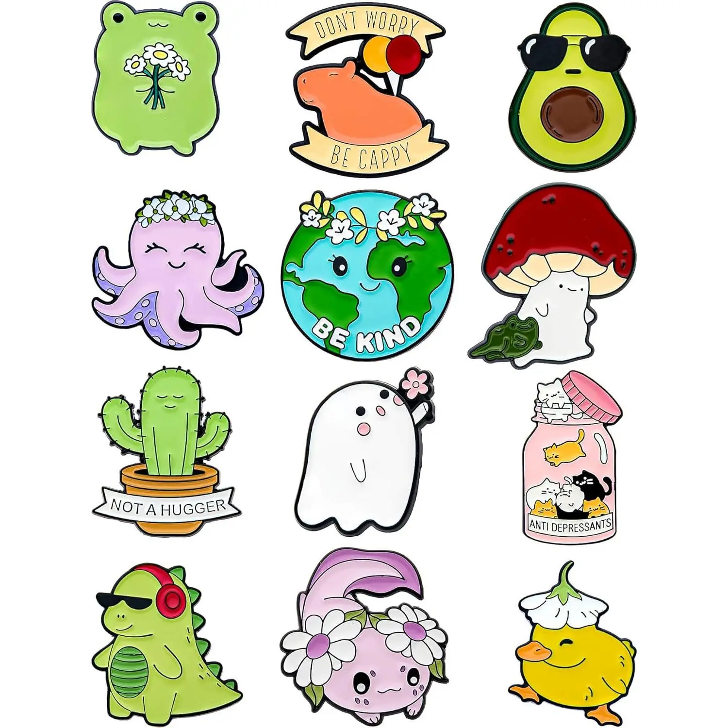 12-Piece Cute Enamel Pins Set - Funny Metal Lapel Pins for Backpack, Jacket, Hat, Lanyard & More - Aesthetic & Collectible Pin Badges -  Gift for Friends, Teens, & Pin Collectors