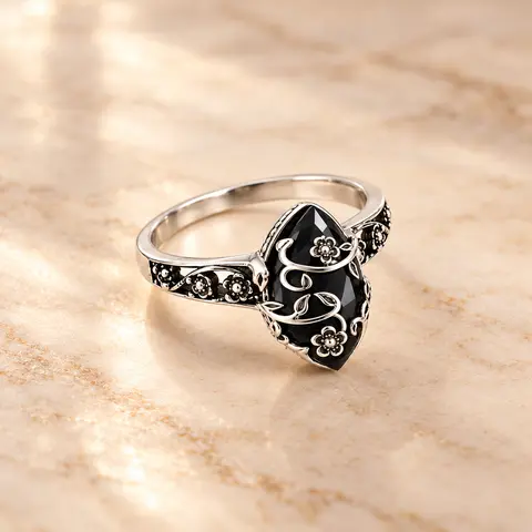 Women's 925 Sterling Silver Synthetic Obsidian Ring - Vintage Flower Design, Black Lab-Grown Diamond Accent, Energy Crystal Jewelry, Rings for Women, Romantic Gifts for Her, Unique Jewelry for Daily Wear, Birthday/Mother's Day Gift