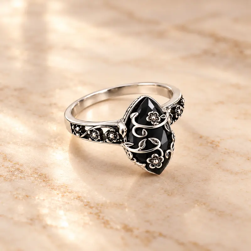 Women's 925 Sterling Silver Synthetic Obsidian Ring - Vintage Flower Design, Black Lab-Grown Diamond Accent, Energy Crystal Jewelry, Rings for Women, Romantic Gifts for Her, Unique Jewelry for Daily Wear, Birthday/Mother's Day Gift