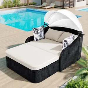79.9" Outdoor Sunbed with Adjustable Canopy, PE Rattan Wicker Patio Daybed with Curved Armrest & Sloped Backrest, 2-Person Lounge Bed Conversation Daybed