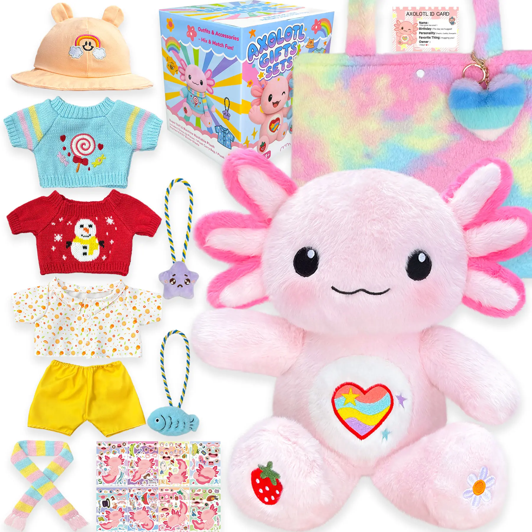 Animal toy Cute Axolotl Plush Dress-Up Set, 13-Inch axolotl  stuffy Stuffed Toy with 12 Clothes & Accessories, cute doll gift Soft Cuddly