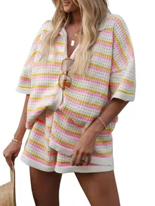 Tankaneo Womens Striped Pajama Sets Short Sleeve Color Block Crochet Knit Button Top and Shorts 2 Piece Summer Sets