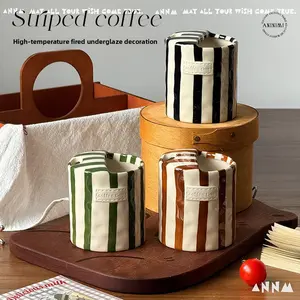 Vintage striped hand-painted ceramic mug, office coffee cup, simple milk cup, drinking cup, breakfast cup