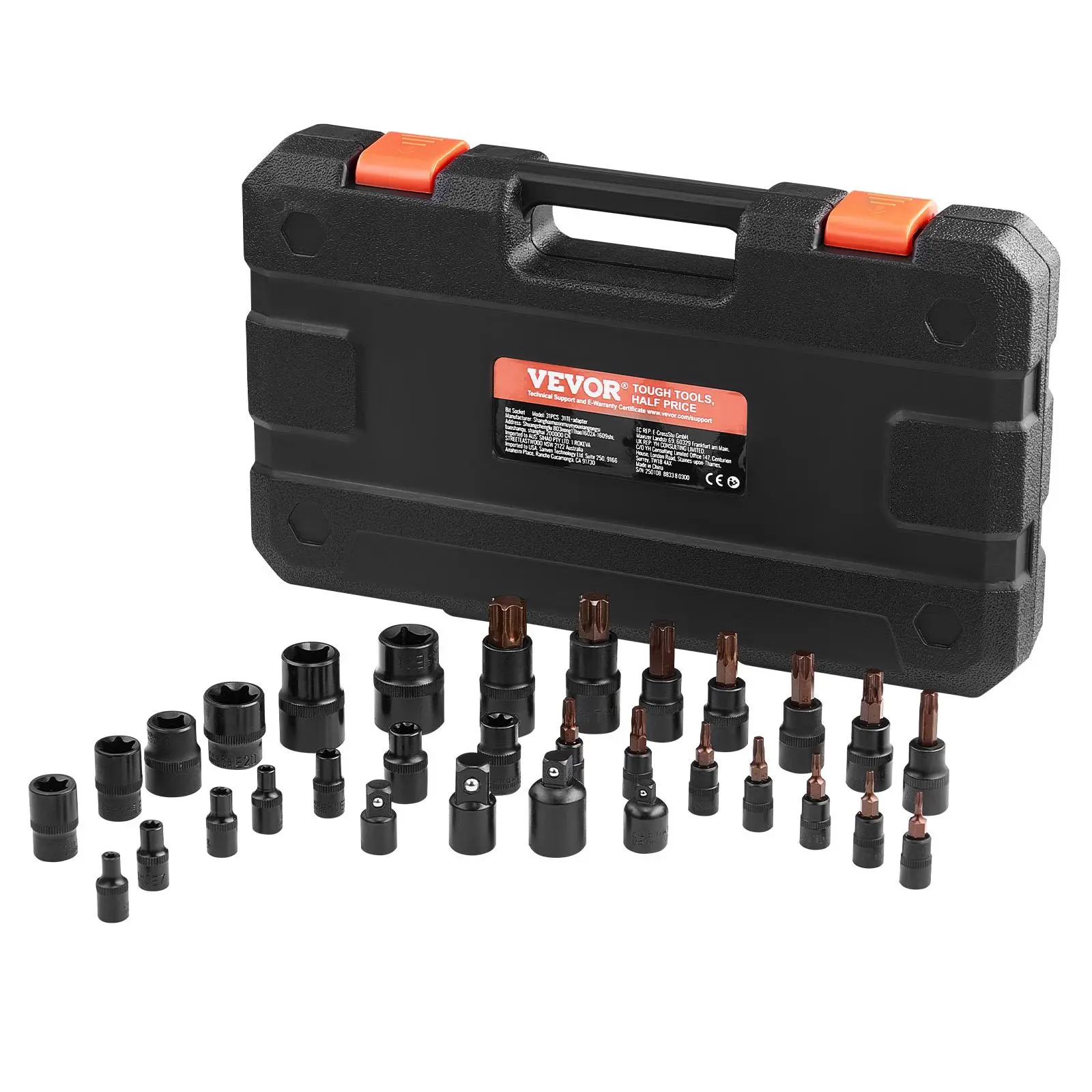 【Summerfinds】VEVOR 31-Piece Bit & External Socket SetT8-T70 & E4-E24S2 Alloy & Cr-V Steel1/4 in3/8 in1/2 in DrivesTorx Socket Set with AdaptersMechanic ToolsEnhanced Storage Case for Automotive, Torx Socket Set With Adapters
