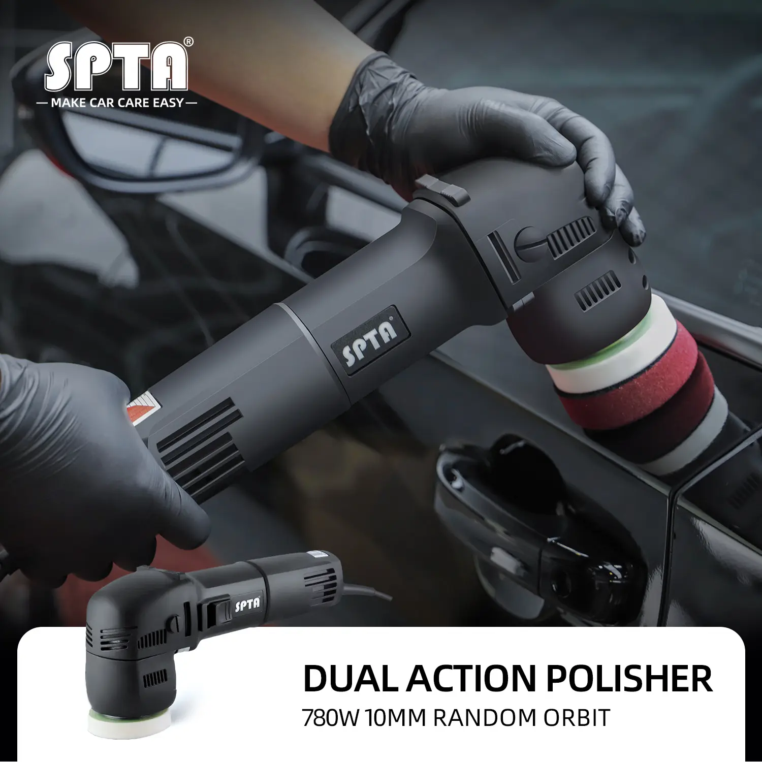 SPTA 780W Mini Orbital Polisher ,3 Inch 10mm Orbit Variable Speed Dual Action Car Polisher,Electric Car Beauty Polishing Machine For Car Detailing Polishing ,Waxing and Cleaning