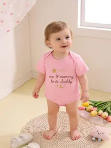 Newborn Baby Girl Short Sleeve Round Neck Romper, Comfortable Fashion Infant Clothing, Perfect Gift for Babies, Cute Letter Pattern