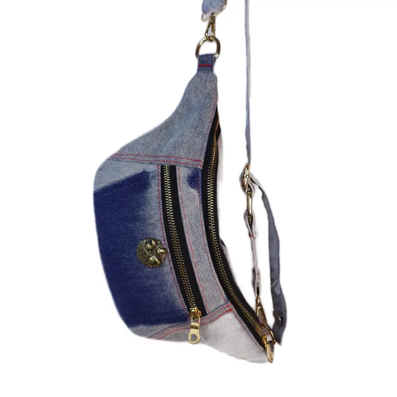 HANDMADE  Upcycled Denim Patchwork Fanny Bag - Crossbody Sling Bag with Special Embroidery Design and Zipper Closure