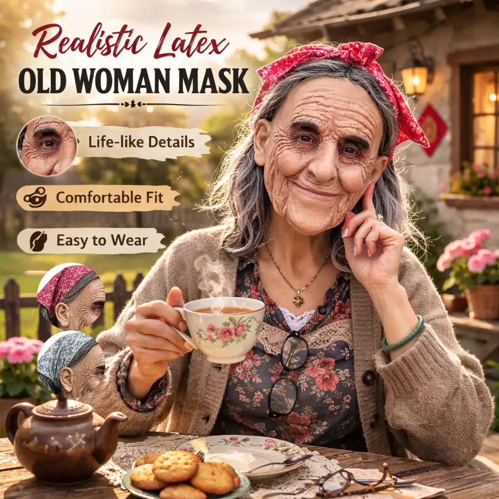 PATYGR Halloween Granny Costume Mask - Funny Old Lady Latex Mask with Floral Bandana, Realistic Elderly Female Face Mask for Masquerade Carnival Dress Up Party Helmet Props